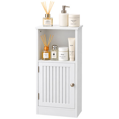 Armoire à linge de salle de bain autoportante blanche à portes persiennes avec tablette ouverte et tablettes intérieures réglables, armoire de rangement à plancher étroit
