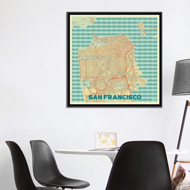 « san francisco rétro urban blueprint map », reproduction d’impression sur toile, H 26 po x l 26 po x P 1,5 po, Pas de tapis