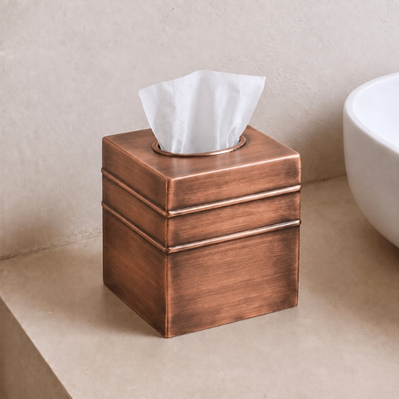 Border Embossed Metal Tissue Box Cover, Antique Copper