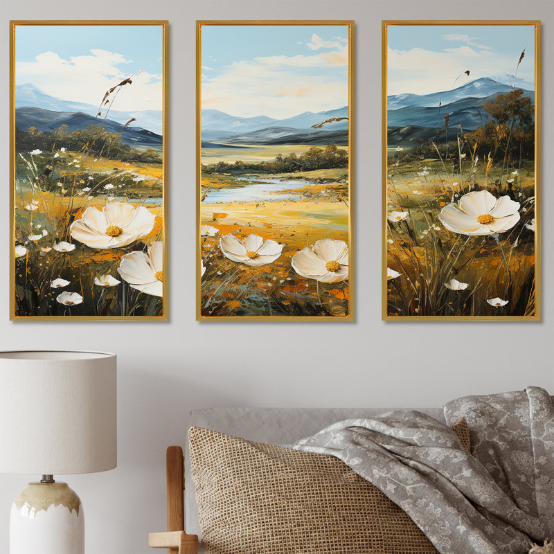 Ensemble de salon Buttercups Flowers Mountain Landscape I - Flowers, Cadre flottant doré, H 32 po x l 48 po x P 1 po
