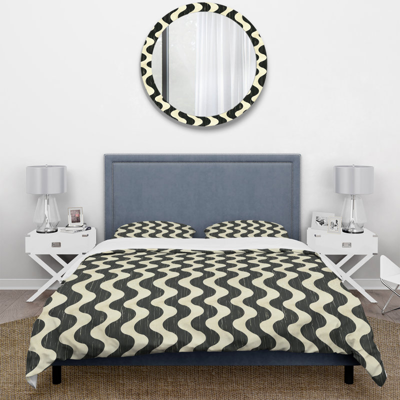 Ensemble de housse de couette beige Mid-Century Wave Lines III - Mid-Century