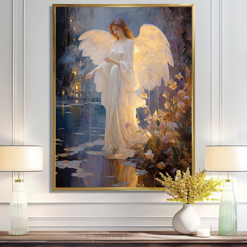 «Glorious Angel Magic Forest Night - Wings Angel», art mural, Cadre flottant doré, H 32 po x l 24 po