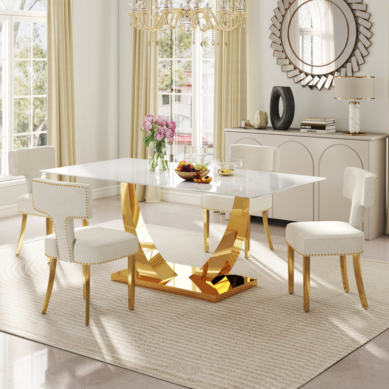 Ensemble de salle à manger moderne à piédestal rectangulaire avec chaise Chenin Dininig, 5, Beige/or