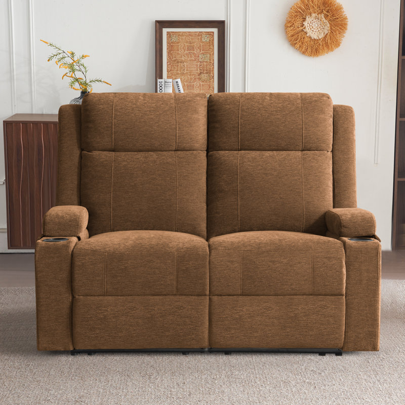 Causeuse inclinable manuelle moderne en chenille avec porte-gobelets et accoudoirs de rangement, dossier réglable, conception compacte pour le salon