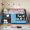 Lit mezzanine simple simple avec bureau intégré, lit mezzanine en métal avec 6 tiroirs de rangement, bibliothèque ouverte, tente de jeu sous le lit avec lumières à DEL, garde-corps de sécurité et échelle inclinée, bleu et noir