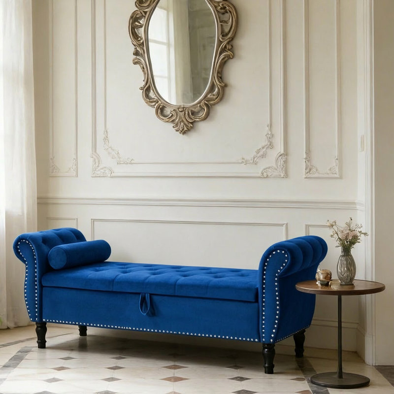 Velvet Upholstered Storage Bench, Gray