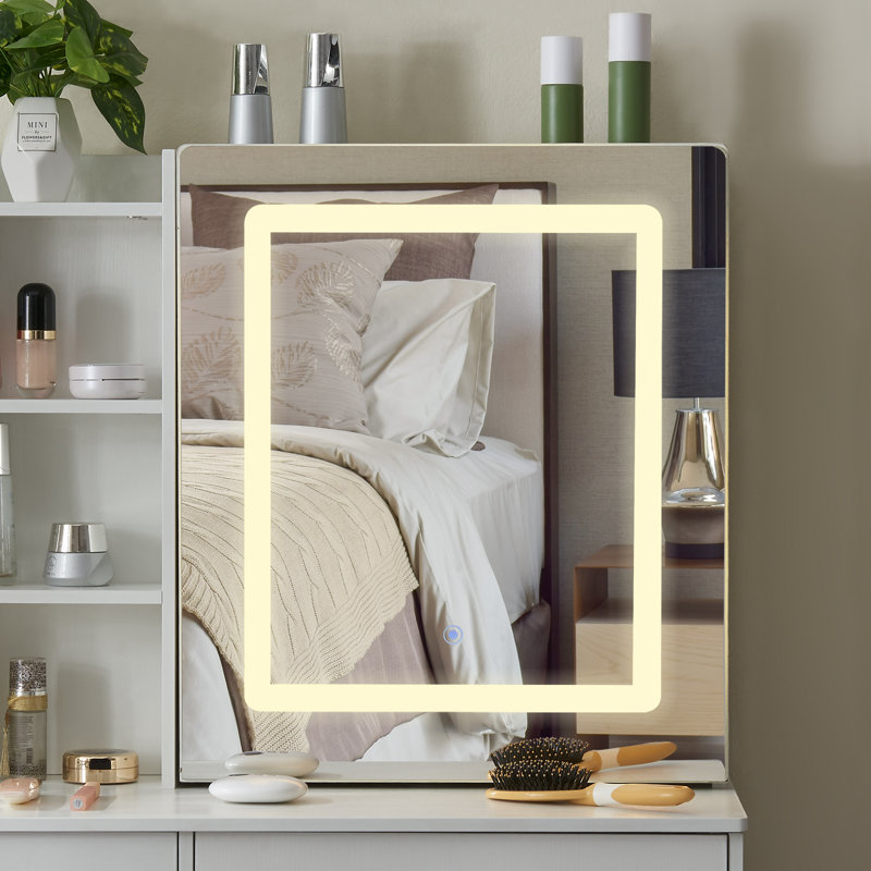 Ensemble de meuble-lavabo avec miroir et tabouret, modes d'éclairage réglables, pour chambre à coucher, blanc