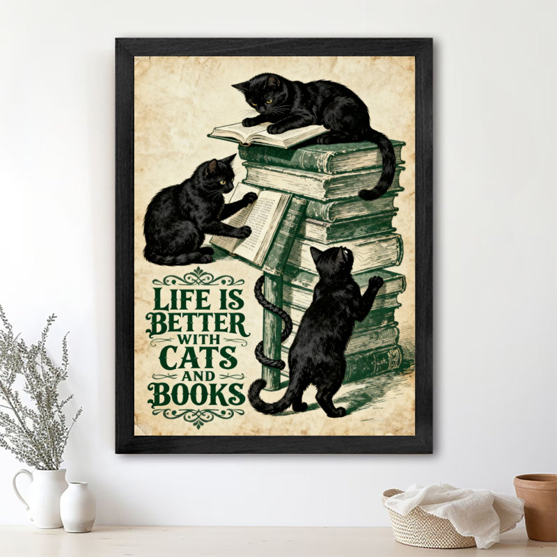 Art rétro encadré noir «LA VIE EST MIEUX AVEC CHIENS ET BOOKS», H 11 po x l 9 po