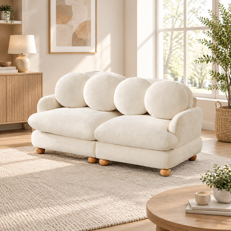 Canapé 2 places beige chenille avec 4 coussins décoratifs, assise profonde et structure en bois massif pour salon ou chambre