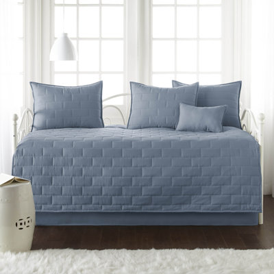Southshore Fine Linens Brickyard Collection 6-Piece Daybed Set in Vilano Slate Blue Lightweight Double-Brushed Microfiber Quilted Bedding Set with 3 Pillow Shams, Bed Skirt and Neck Pillow, Twin