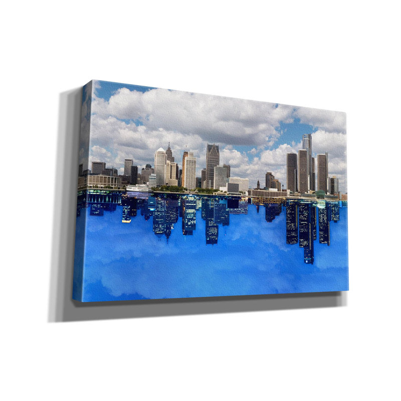 «Detroit Skyline, Michigan 92» par Monte Nagler, reproduction d'art sur toile, H 12 po x l 18 po x P 0,75 po