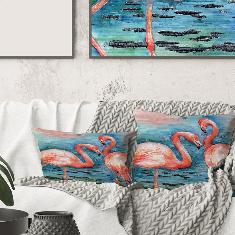Rectangle, flamants roses dans l'eau bleue I - Coussin décoratif imprimé maison de campagne