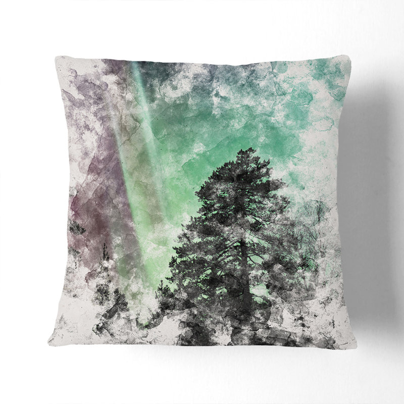 Northern Lights over the Forest Watercolour Cushion with Filling, 55cm H x 55cm W x 20cm D, Stone