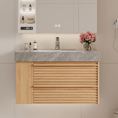  36" Mid Century Wall-Mounted Bathroom Vanity Modern Floating Bathroom Vanities with 2 Drawers,Ceramic Sink