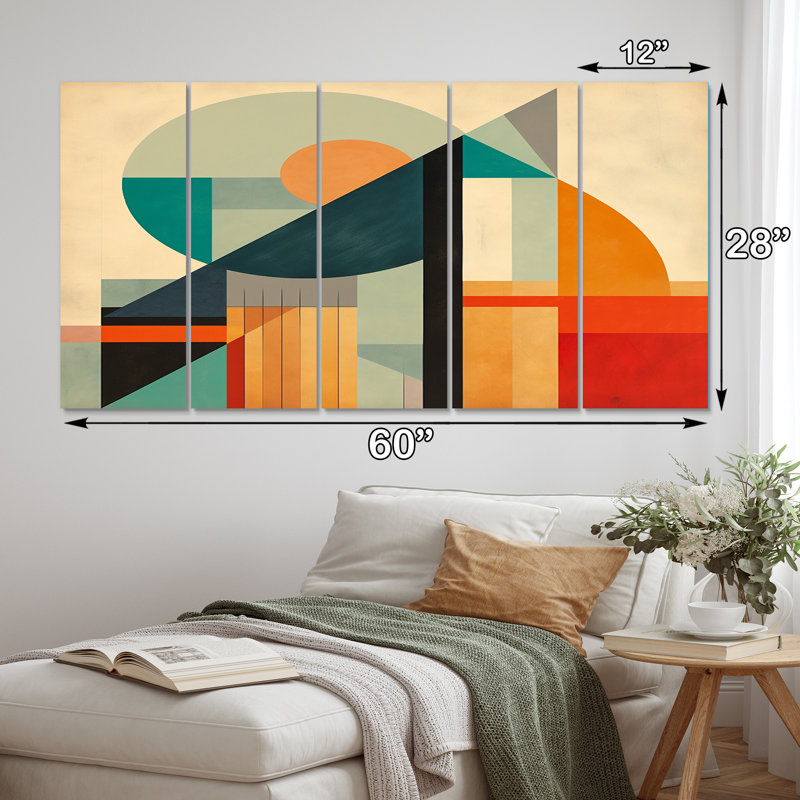 Pleine lune symphonie Mid-Century abstraite III - salon d'art moderne Mid-Century - 5 panneaux égaux
