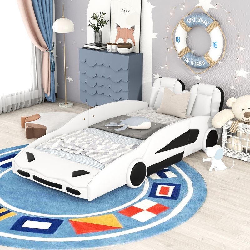 White Twin Size Bed With Race Car Design And Sliding Wheels - Attractive Bedroom Option Platform Eye-Catching