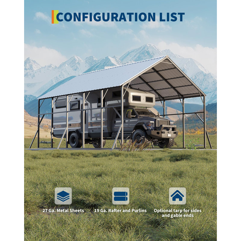 20x25 ft Metal Carport Kit - Heavy Duty 2 Cars Car Port with Reinforced Frame 120° Steep-Pitch Vertical Roof for Snow Shedding, 173" High-Clearance RV & Tractor Shelter