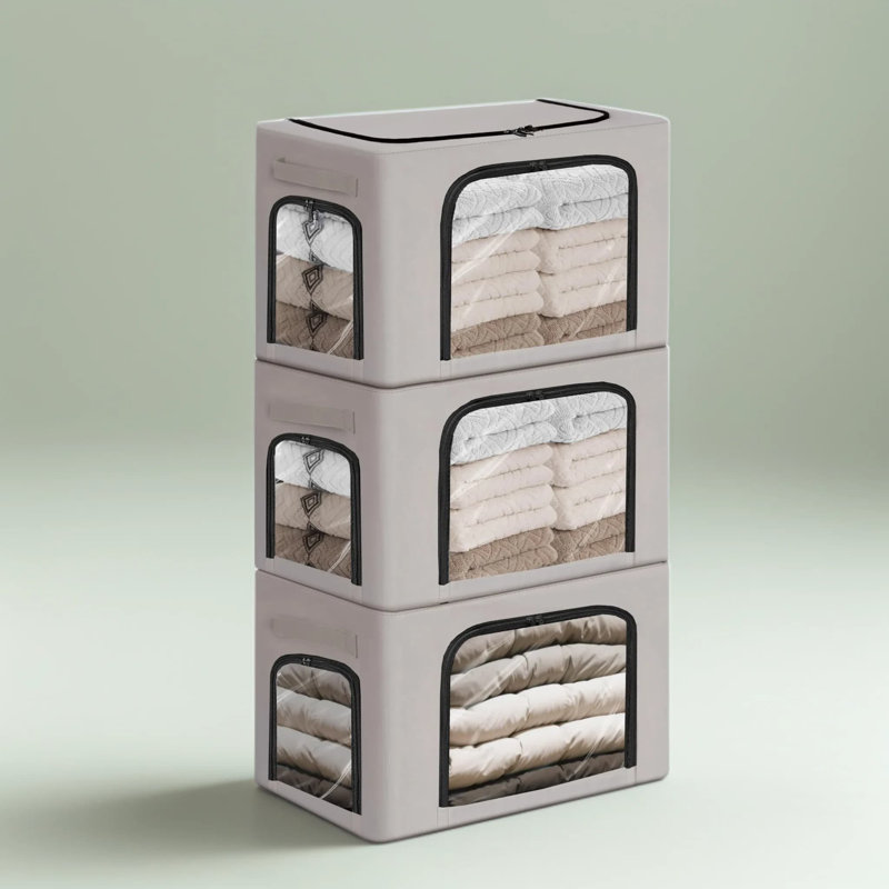 Bacs de rangement pliables avec fermeture à glissière et poignées en métal, boîte de rangement empilable avec couvercle pour vêtements, literie, couvertures et serviettes