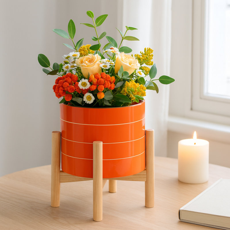 Glossy Ceramic Outdoor Planter on Stand for Indoor Home Decor - Modern Contemporary Flower Pot for Living Room or Patio - Orange