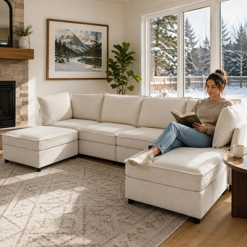 1 ensemble de canapé modulaire en bois avec revêtement en tissu Snowin, couleur blanc pâle, canapé modulaire Cloud MCS-01, pieds de canapé Cloud