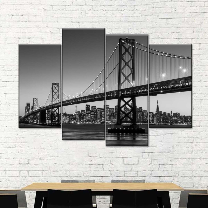 «Suspension Bridge San Francisco Bay Bridge BW», reproduction d'art sur toile 4 pièces, H 42 po x l 68 po x P 1 po