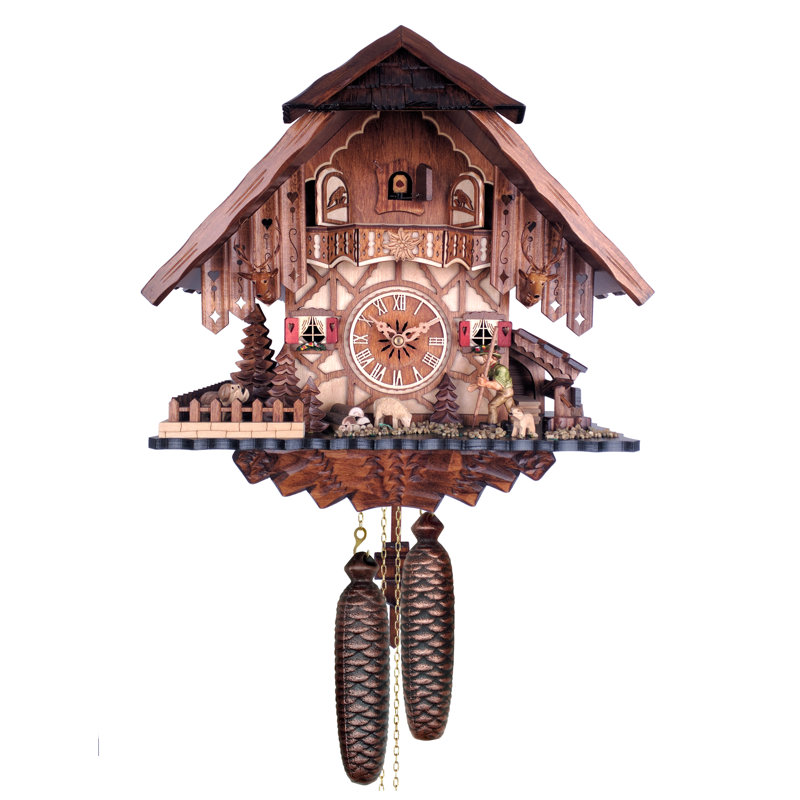  Eight Day Cuckoo Clock – 13.5 in Height – Chalet Volksmarcher with Moving Walker Design