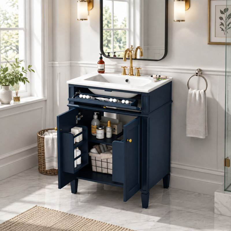 Meuble-lavabo de 61 cm (24 pouces) avec lavabo en céramique intégré et armoire de rangement