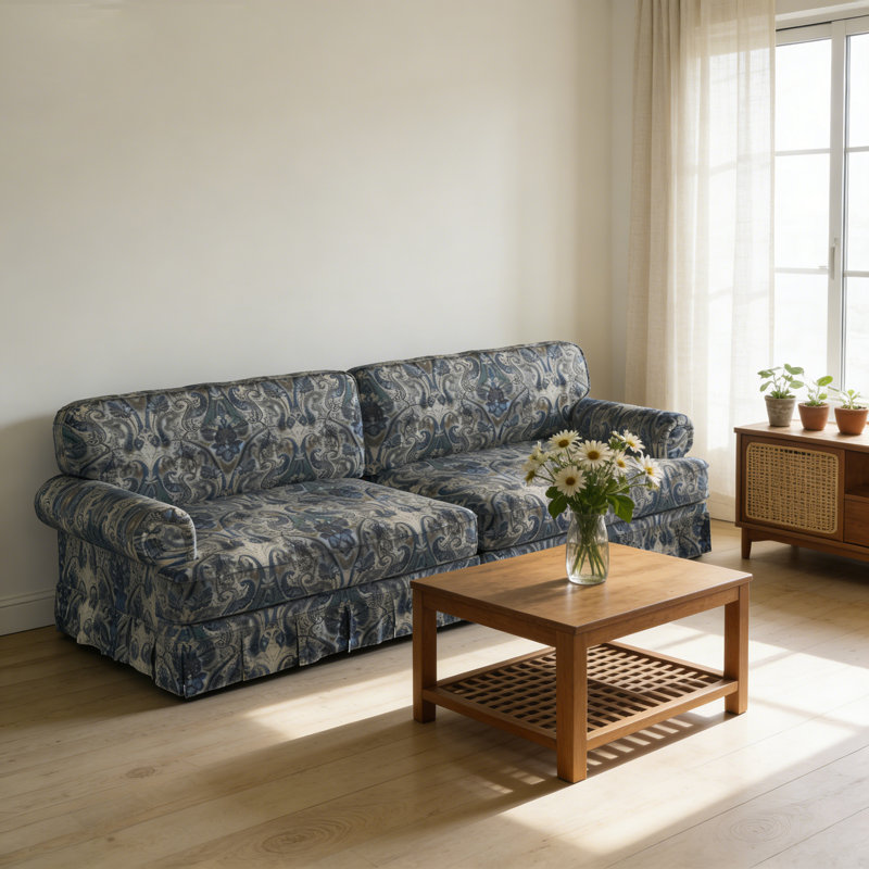 4-Seat Cozy Couch Sofa with Rolled Arms and Pleated Skirt Design, 33.53" H x 93.73" W x 38.23" D, Blue Floral, 4