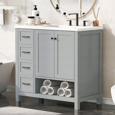 Meuble-lavabo de 36 po avec comptoir d'évier, meuble-lavabo avec deux portes et deux tiroirs, bois massif, tablette ouverte, panneaux de fibres à densité moyenne, un paquet, gris