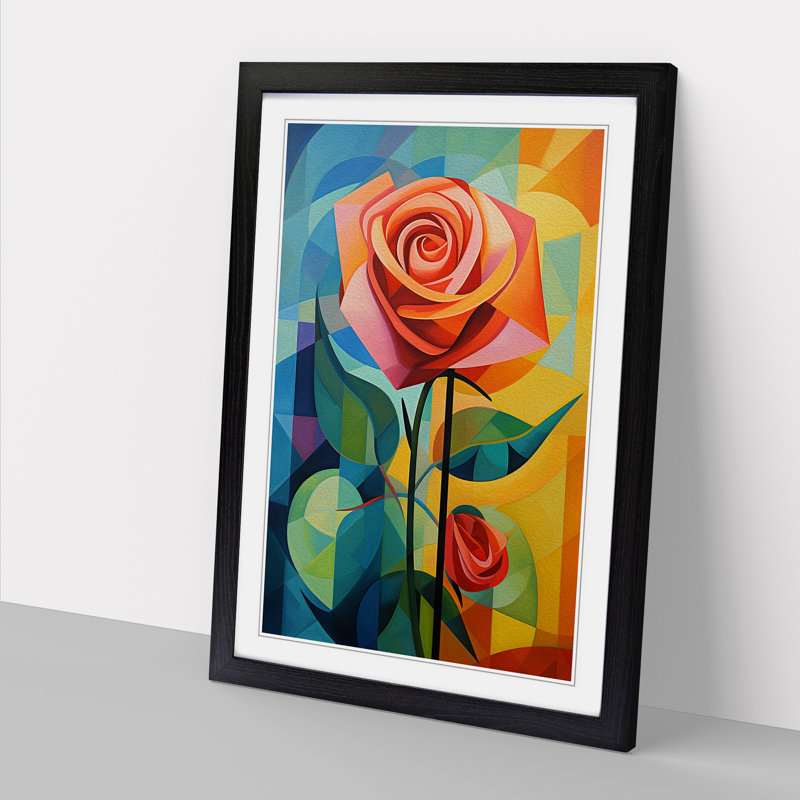 Rose Cubism - Single Picture Frame Print on Wood, Black, 64cm H x 46cm W x 2cm D
