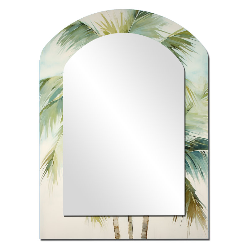 «Green Minimalims Palm Trees I» - miroir mural asymétrique vert, miroir décoratif arqué traditionnel, impression d'art en métal