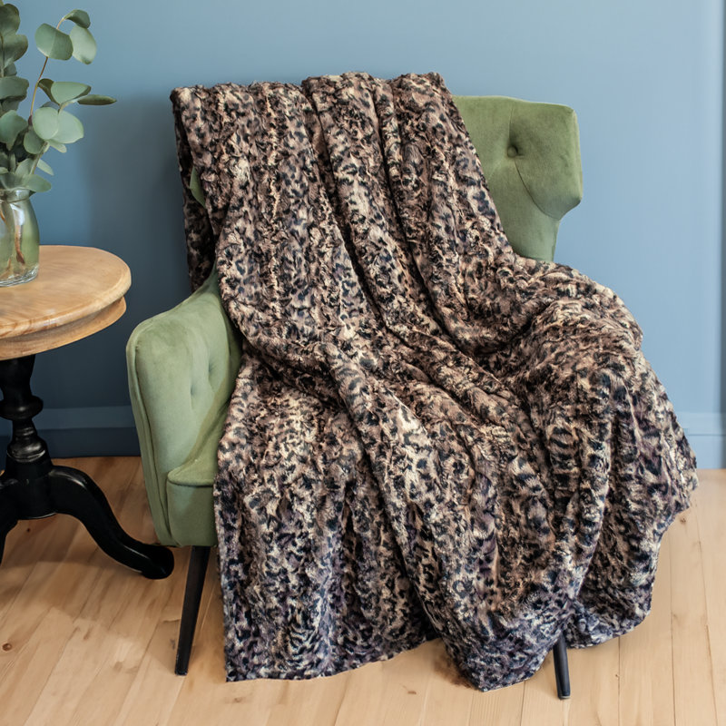 Couverture jetée double face en fausse fourrure peluche lynx noir et taupe Thomas Collection, tailles assorties