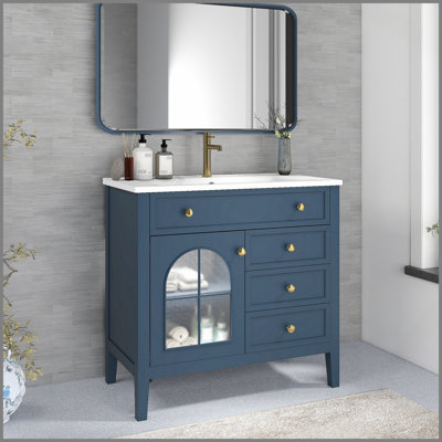 Mid-Century Bathroom Vanity with Patterned Glass, Motion-Sensor Light, and Ample Storage, Ideal for Modern Farmhouse Decor