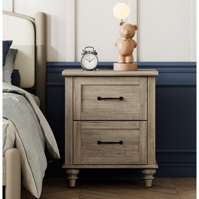 Farmhouse Kids Nightstand With 2 Drawers & Charging Station For Baby Room, Gray