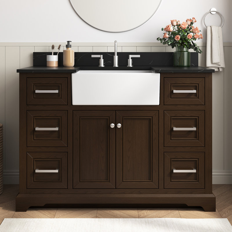 Meuble-lavabo de salle de bain autoportant à tablier simple 48 po Abramowitz avec plateau en quartz noir Marquina