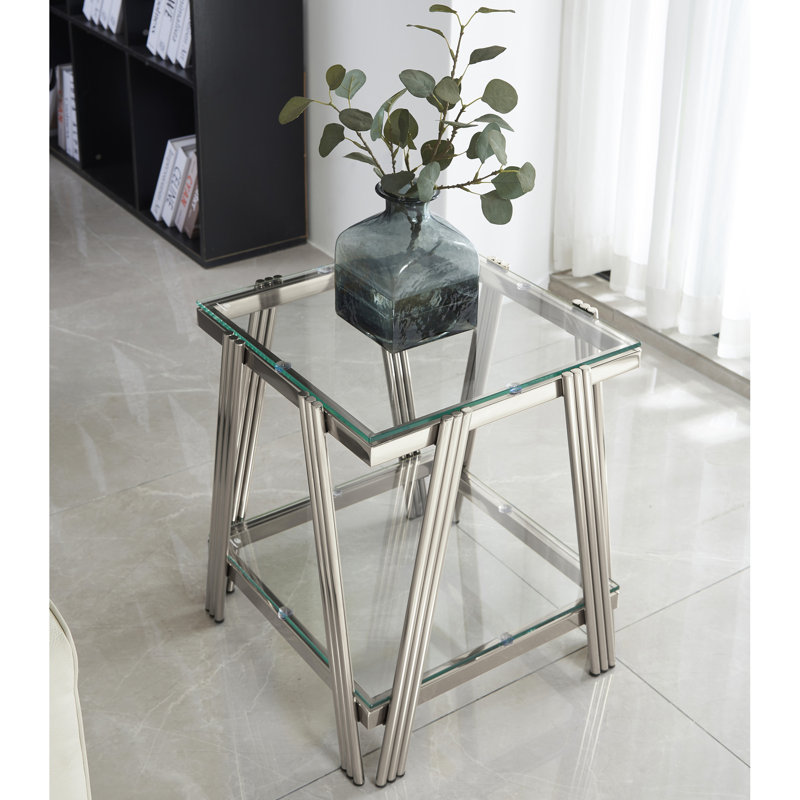 Table d'appoint moderne carrée de 20 pouces, surface en acier inoxydable et en verre trempé, table de bout avec rangement pour le bureau à domicile, verre argenté de 20 po, bureau