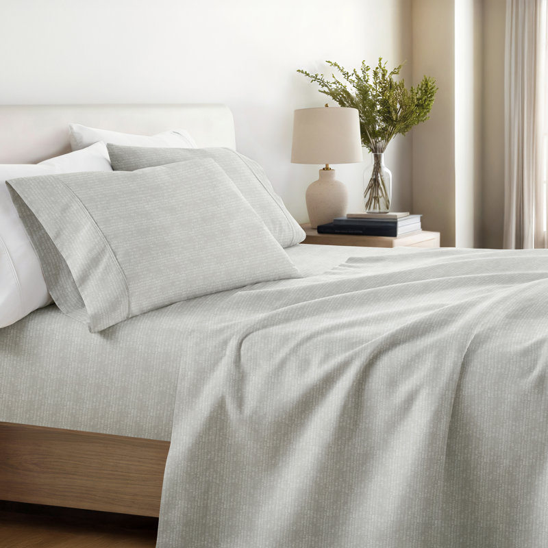 Literie en microfibre ultra douce, Ensemble de draps pour grand lit avec 2 taies d'or, Motif géométrique gris clair