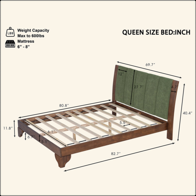 Cadre de lit en bois de pin de qualité supérieure, cadre de lit avec tête de lit inclus, lit Mid-Century moderne, Grand lit
