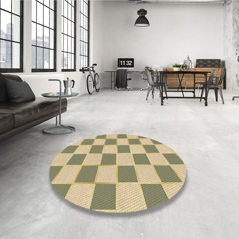 Tapis en laine à carreaux vert / ivoire, Rond 5 pi