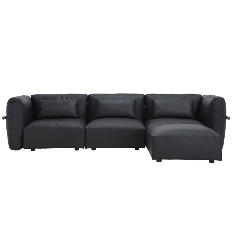 4 Pieces L Shaped Upholstered Sectional Modular Cloud Sofa With Ottoman, Black Faux Leather