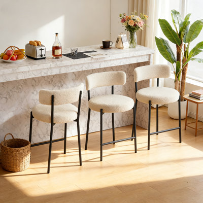 25" Upholstered Sherpa Modern Boucle Counter Height Bar Stools with Curved Back and Metal Frame