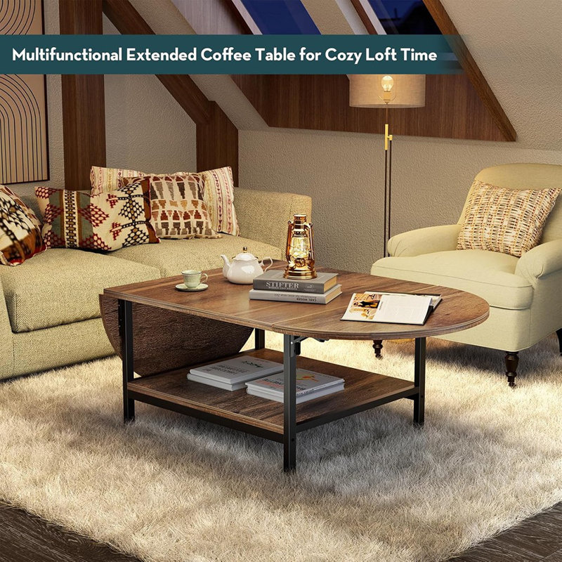 Table basse, centre central Mid-Century moderne à 2 niveaux pour petits espaces, style campagnard, brun foncé