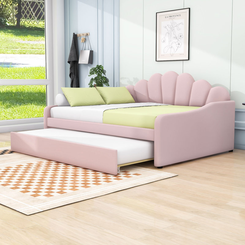 Tamez Full Wooden Daybed Frame with Shall Shaped Backrest and Trundle, Pink