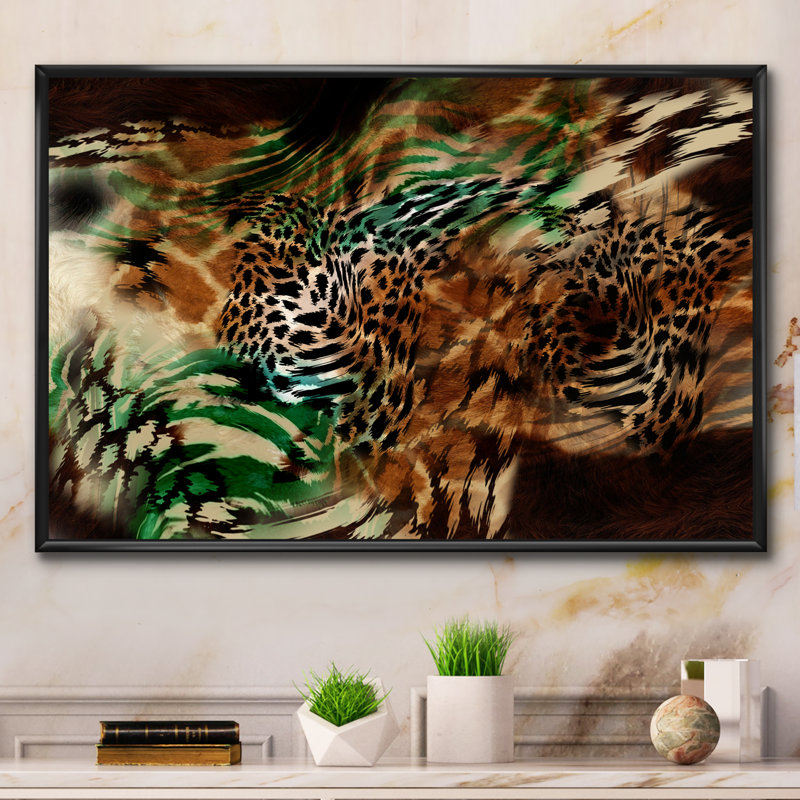 Léopard et tigre VII - décoration murale moderne encadrée, H 16 po x l 32 po x P 1 po, Cadre flottant noir