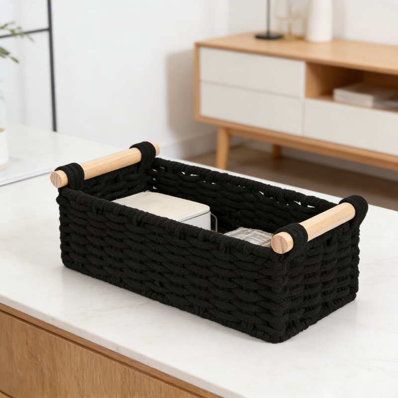 Ensemble de paniers de rangement en corde de coton avec poignées en bois Boho, Noir