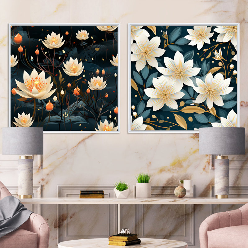Shawnda - Ensemble de 2 collages floraux carrés, Cadre flottant blanc, H 16 po x l 33 po