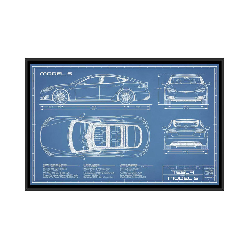 Modèle Tesla S (2016-2020) Blueprint-impression de dessin, Pas de tapis, H 26 po x l 40 po x 1,5 po, Toile avec cadre noir