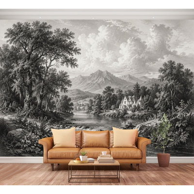 Papier peint auto-adhésif, rétro, monochrome, paysage, forêt dense, rivière sereine, papier contact amovible pour salon, chambre à coucher H 100 po x l 144 po