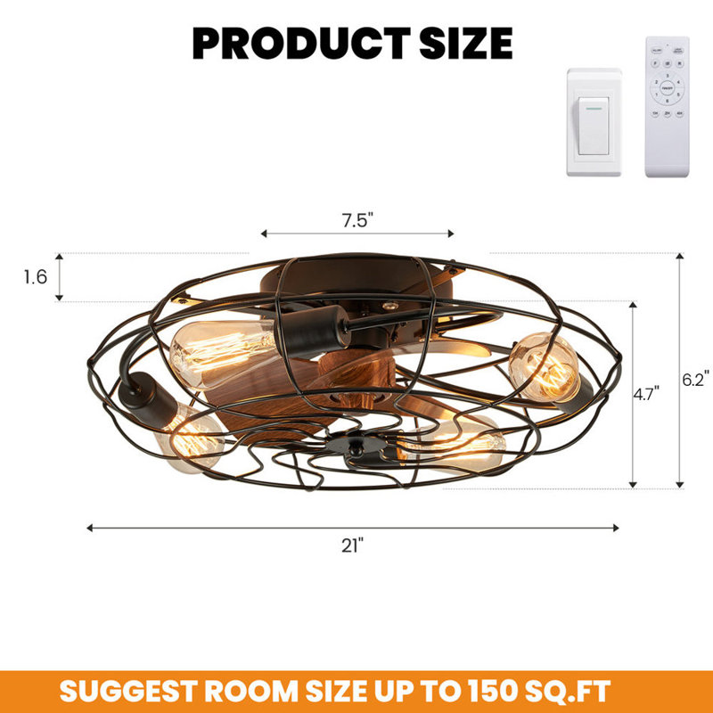 20.4" Bloneva Farmhouse Caged Ceiling Fan with Light Kit and Remote Control Included, Black with Brown Blades