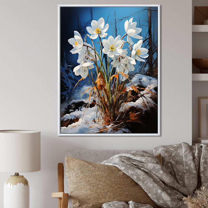 Vert neige, fleurs d'hiver I, H 20 po x l 12 po x P 1 po, Cadre flottant blanc